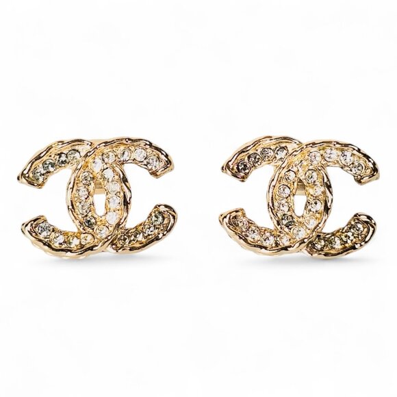 CHANEL Gold Twisted Crystal Earrings CC Logo Pierced Studs - Picture 1 of 9